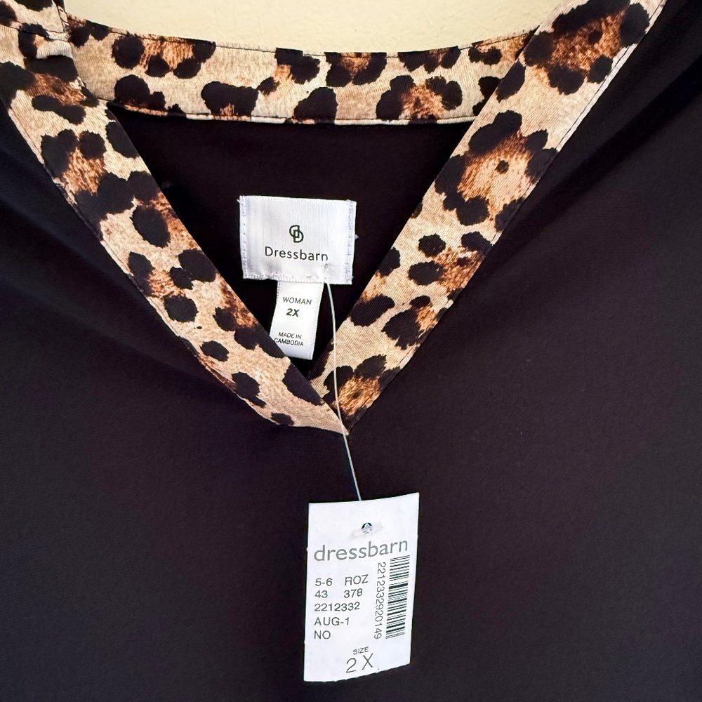 Dressbarn Women's Black Blouse with Cheetah Print Detail 2X NWT - Picture 5 of 8